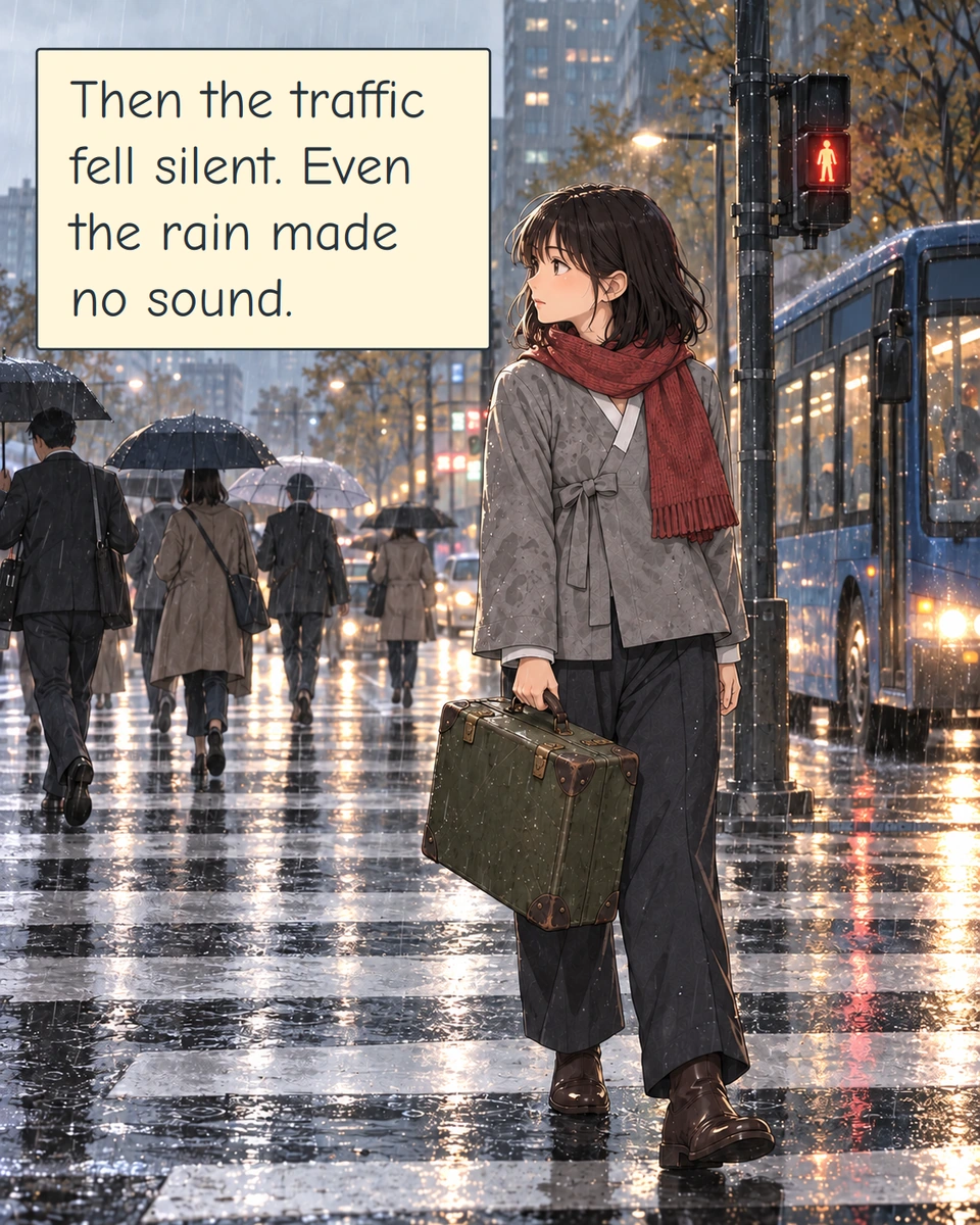 Panel 4. At a crossing, Haneul pauses among people, traffic and rain. The city continues moving, but its sounds have vanished.