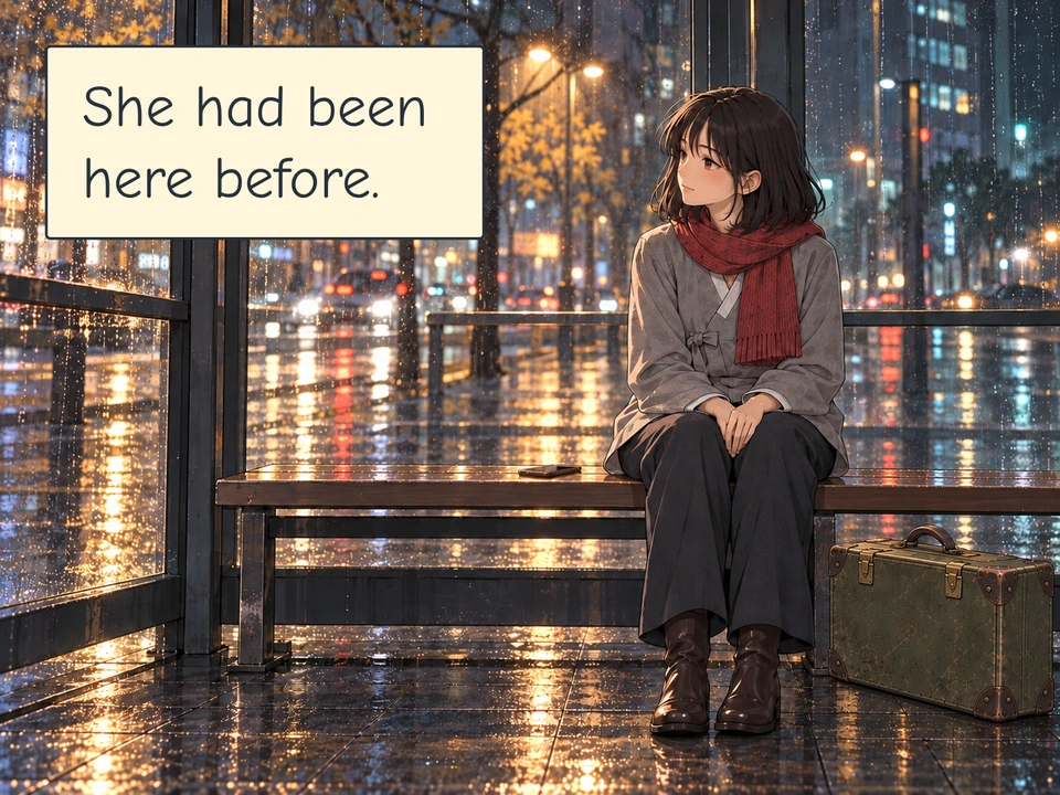 Panel 5. Haneul sits alone at a bus shelter. Her suitcase stands beside her and her phone lies face down on the bench.
