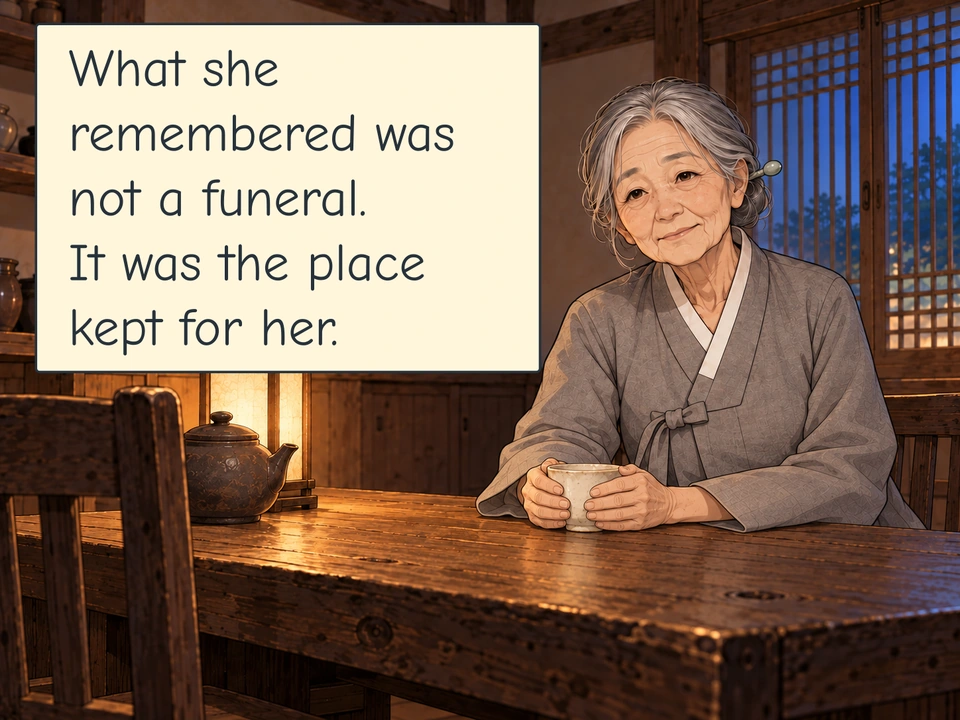 Panel 8. An earlier memory of Halmeoni alive: silver hair in a low bun with a jade hairpin, grey jacket, a cup cradled in both hands. A place waits at the tea-house table. This is a memory, not a present-day apparition.