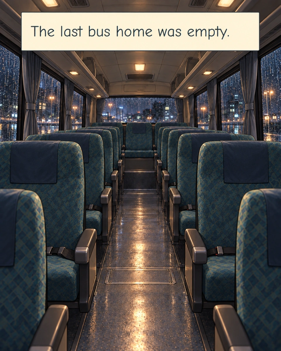 Panel 12. Looking into the passenger cabin before she boards: every passenger seat is empty. Rain streaks the night windows. The driver position is outside the frame. The cabin has paired high-back seats, lap belts, curtains and overhead luggage shelves.