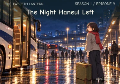 The Twelfth Lantern, Season 1 Episode 9: The Night Haneul Left. Haneul stands beside her suitcase at a rain-soaked bus station at night.