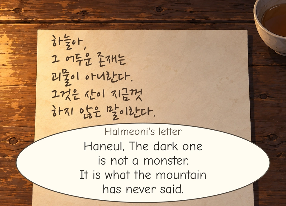 Halmeoni's letter addresses Haneul in Korean handwriting. A tailless English reading bubble explains that the dark one is not a monster, but what the mountain has never said.