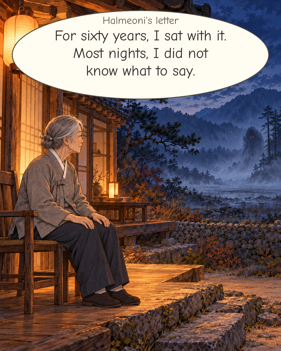 In a memory, Halmeoni sits on the veranda. A tailless English reading bubble carries her written words about sixty years of sitting with the mountain and not knowing what to say.