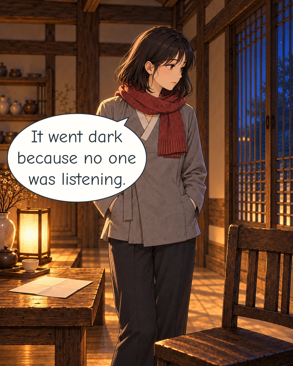 Panel 9. Haneul stands thoughtfully beside the empty chair, her hands in her jacket pockets. The unfolded letter lies on the table.
