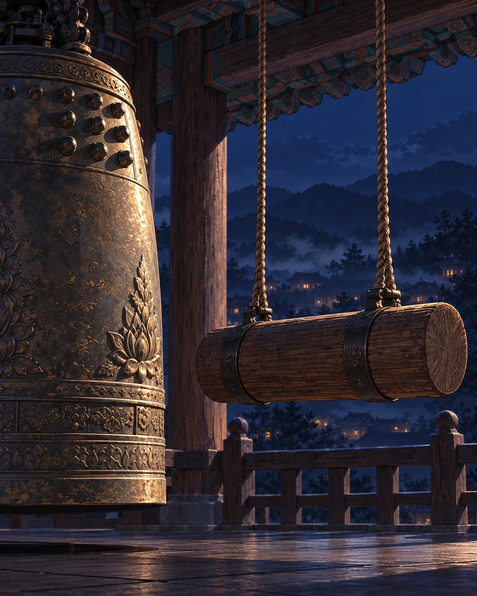 Panel 2. The bronze pavilion bell and its external wooden striker hang motionless above the misty village.