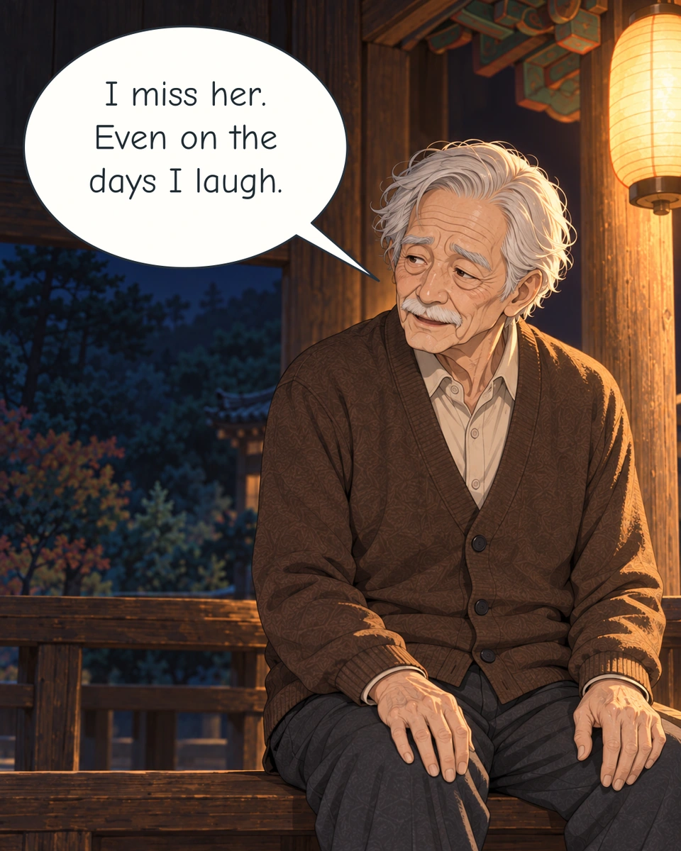 Panel 4. Deok-pil sits beneath returning lanternlight, his hands resting on his thighs. He speaks of his late wife with a small, sorrowful smile.
