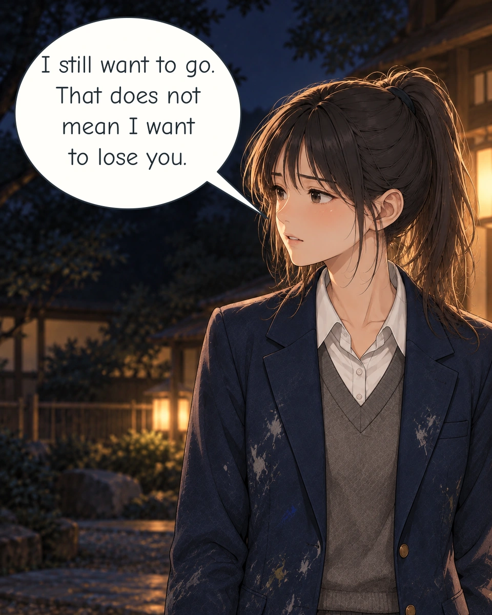 Panel 5. Min-ji turns towards her mother, who remains outside the frame, and speaks with quiet resolve.