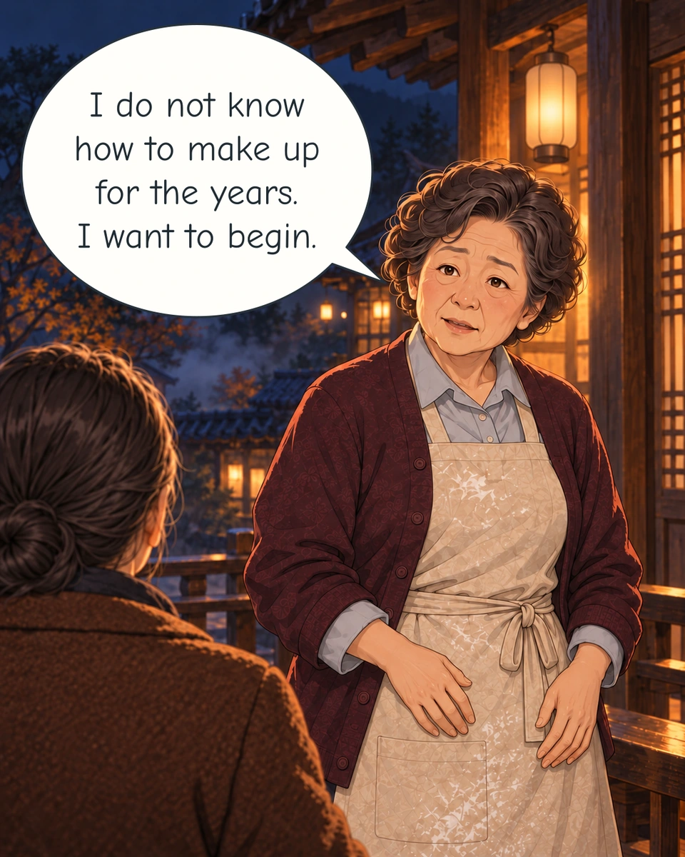 Panel 6. Madam Oh faces her returned sister on the veranda. Her sister is seen from behind in a brown coat.