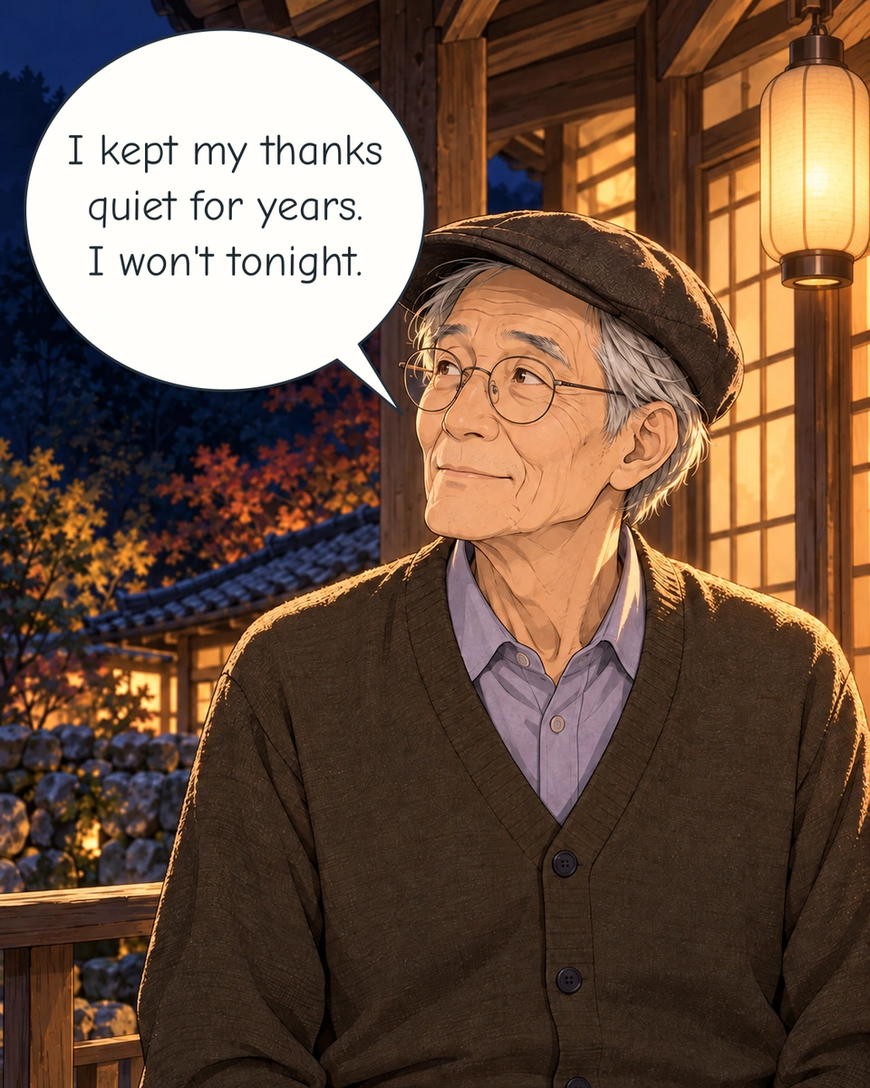 Panel 7. Mr Baek looks up into the returning light and chooses to speak his gratitude.