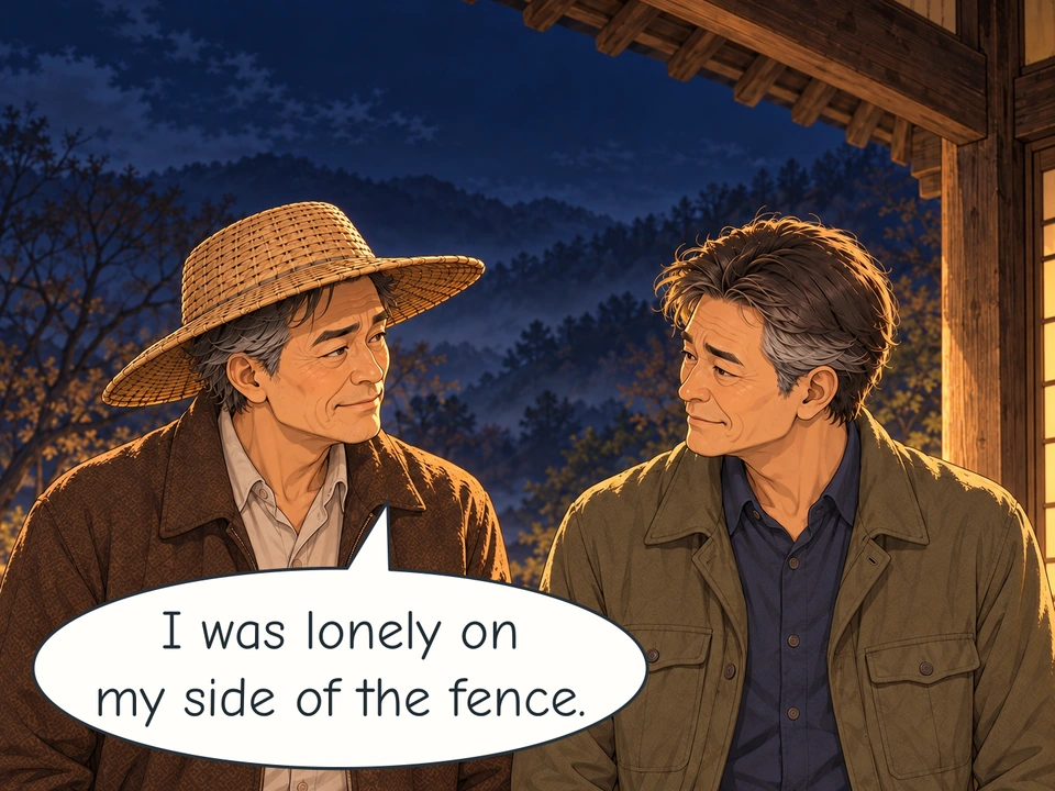 Panel 8. Chang-su speaks to Chang-ho. The two brothers stand together, with no fence between them.
