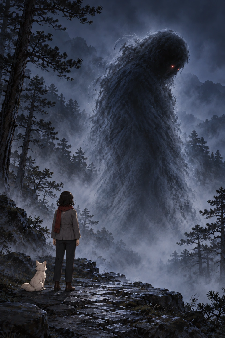 Panel 12. A vast stooped form of dark mist waits across the mountain path. Two red eyes face Haneul and Bit. They stop before it.