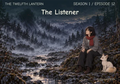 The Twelfth Lantern, Season 1 Episode 12: The Listener. Haneul sits beside Bit on a rock overlooking a misty mountain stream before dawn.
