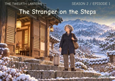 The Twelfth Lantern, Season 2 Episode 1: The Stranger on the Steps. Go stands on snowy stone steps outside the teahouse, carrying a brown shoulder bag.