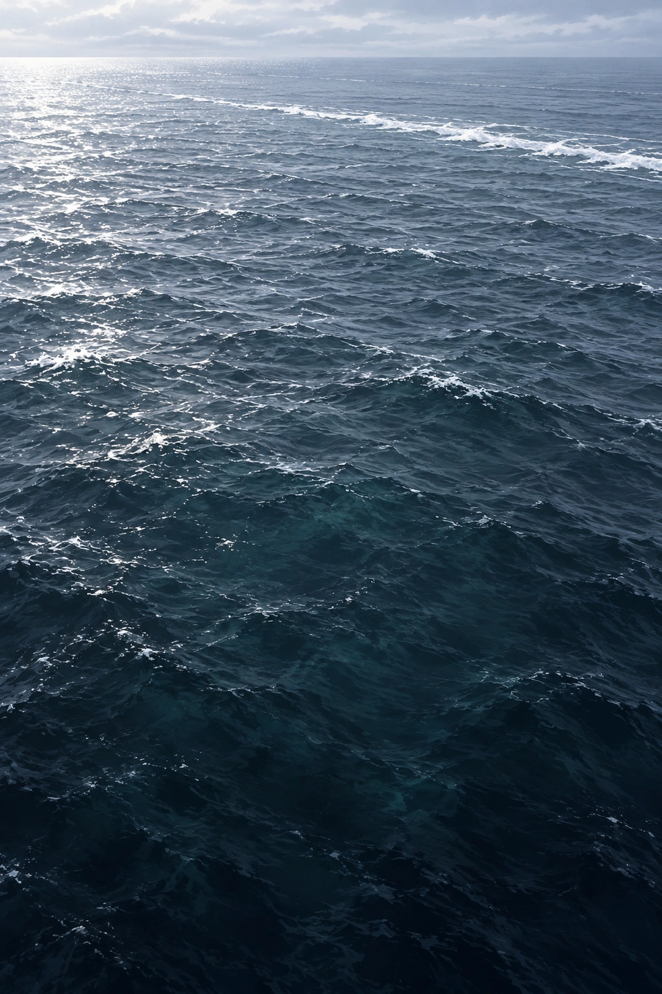 A long view descends from the distant wake to deep grey-blue water. No figure or creature appears. Silent panel.