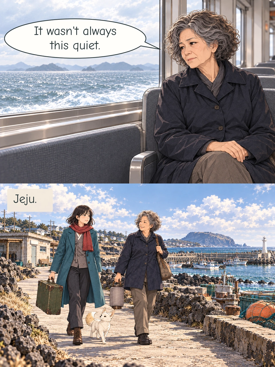 Go rests her empty hands together on her knee and looks towards the water. The trio reach Jeju. Haneul carries her olive case by its short handle; Go carries her dark lantern and brown shoulder bag along a dry coastal path.