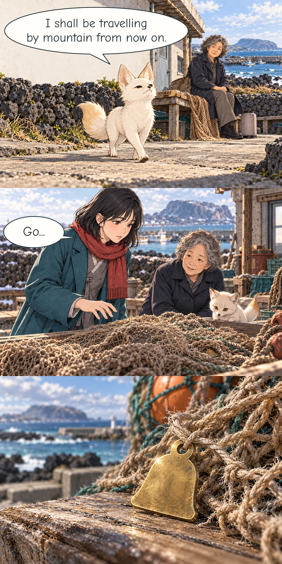 Bit steps onto dry ground with exaggerated dignity. Go waits by a workbench with an old loose fishing net. Her lantern rests beside her. Haneul notices a small dull brass glint in the fishing net and holds her hand above it. Go and Bit watch. A small flat bell-shaped brass charm, with its plain back facing the reader, is caught by frayed thread in the old net. Silent final panel.
