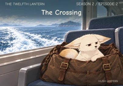 The Twelfth Lantern, Season 2 Episode 2: The Crossing. Bit peers from a brown travel bag on a ferry seat beside a window overlooking the sea.