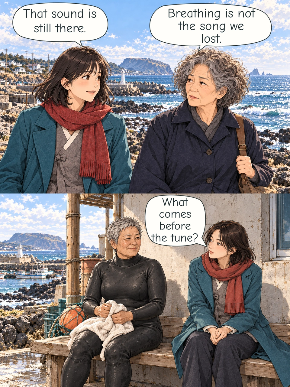 Haneul listens from the dry shore, beside Go. Eun-suk sits on a wooden bench with a towel in her hands. Haneul sits beside her and asks gently.