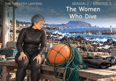 The Twelfth Lantern, Season 2 Episode 3: The Women Who Dive. An older woman in a black wetsuit sits on a rocky shore beside an orange diving float and green net.