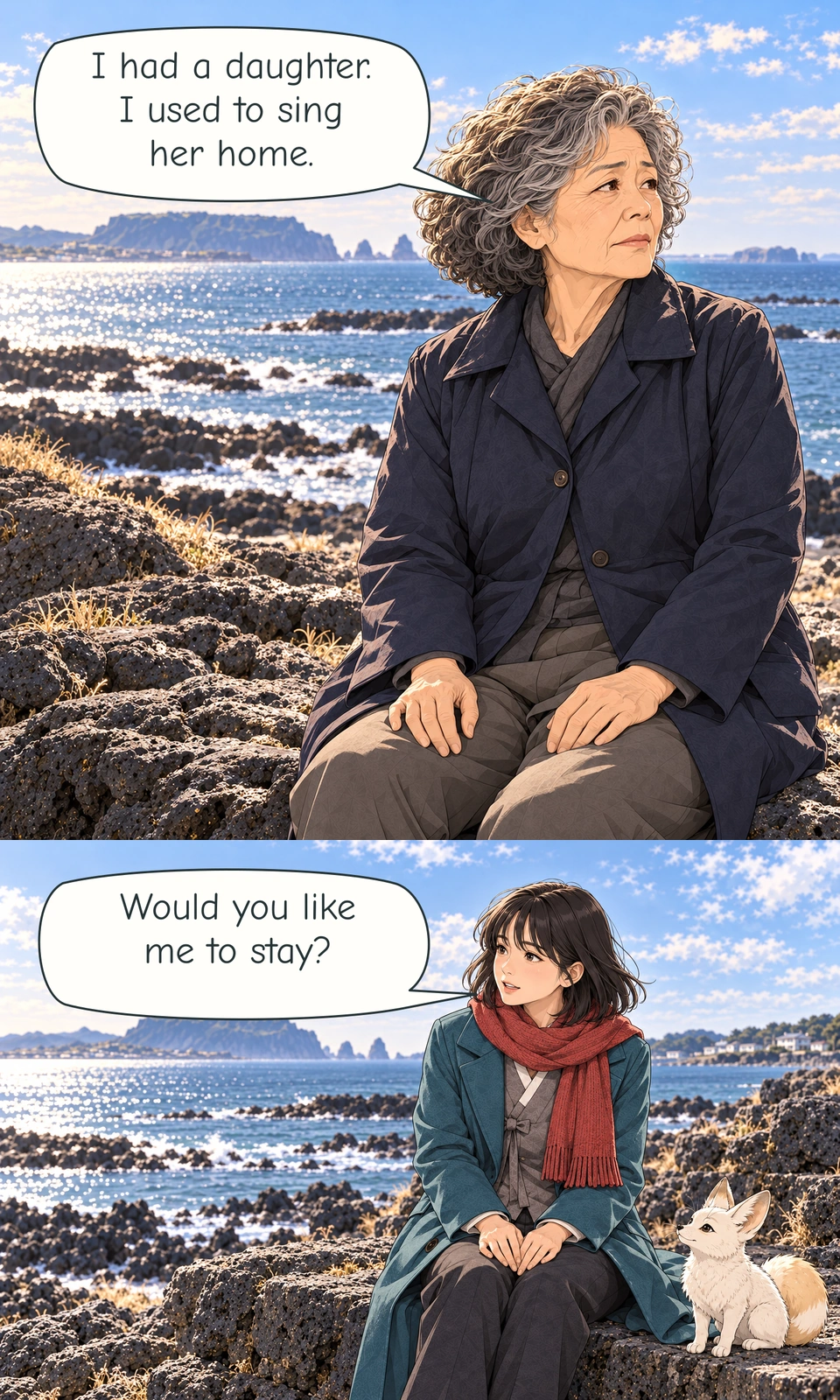 Go watches the horizon, her hands resting separately on her thighs. Her grief is restrained. Haneul starts to reply, then asks gently whether Go wants company. She does not reach for Go; Bit waits beside her.