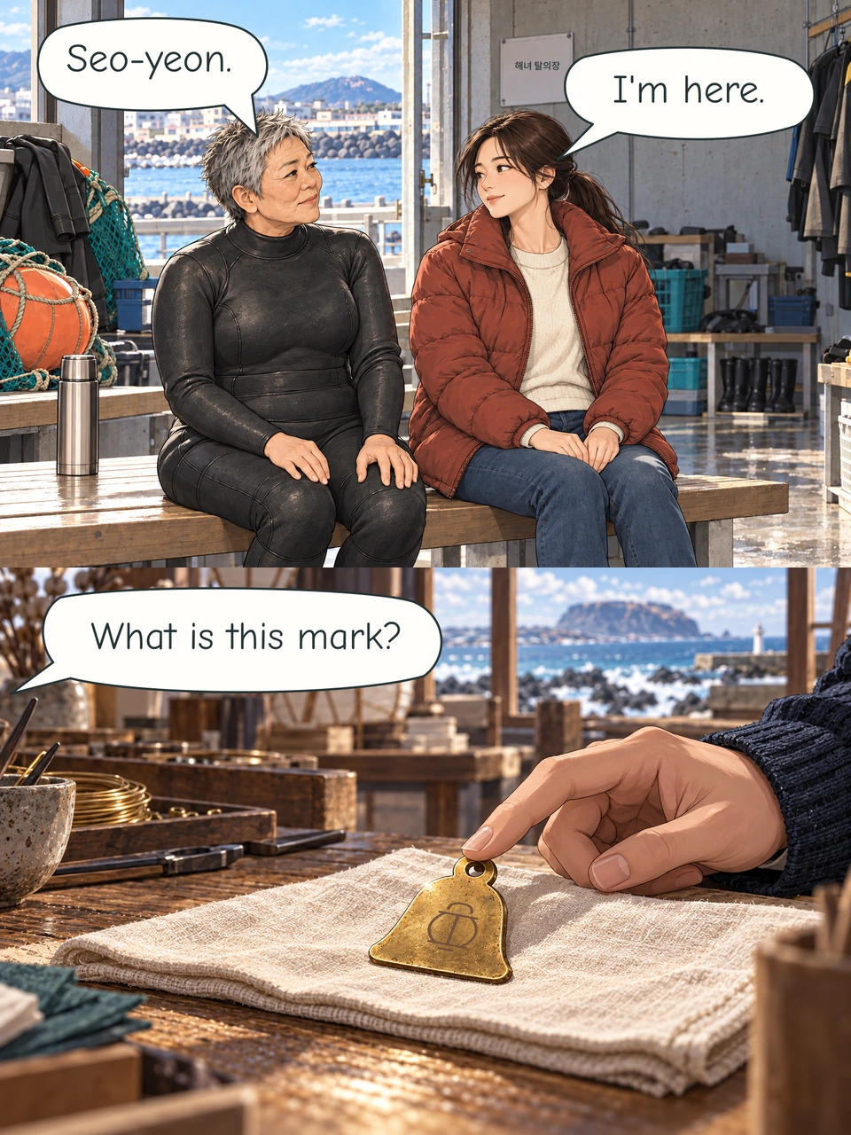 Back in the changing room, Eun-suk looks at Seo-yeon and says her name. They remain seated with their hands separately supported. This does not establish that every lost memory has returned. The notice again reads 해녀 탈의장 (haenyeo taruijang, Haenyeo changing room). In Go's lantern workroom, the small flat brass bell-shaped charm rests on a folded cloth on the worktable. Go turns it with a fingertip while its lower edge remains supported. A small maker mark is visible.