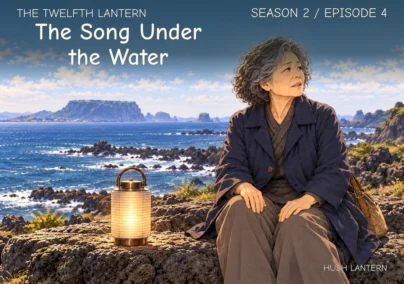 The Twelfth Lantern, Season 2 Episode 4: The Song Under the Water. Go sits on the rocky coast beside a glowing brass cage lantern, with the sea behind her.