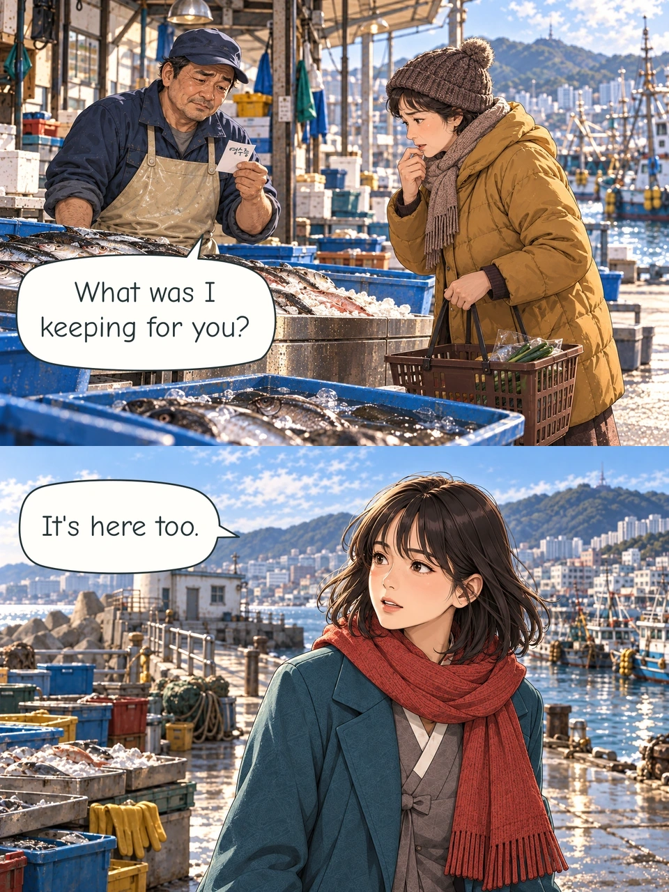 Dae-sik and a shopper look puzzled. He holds a receipt headed 영수증 (yeongsujeung, Receipt), while she holds her basket. Haneul turns towards the lighthouse workroom, sensing that the forgetting has reached this harbour.