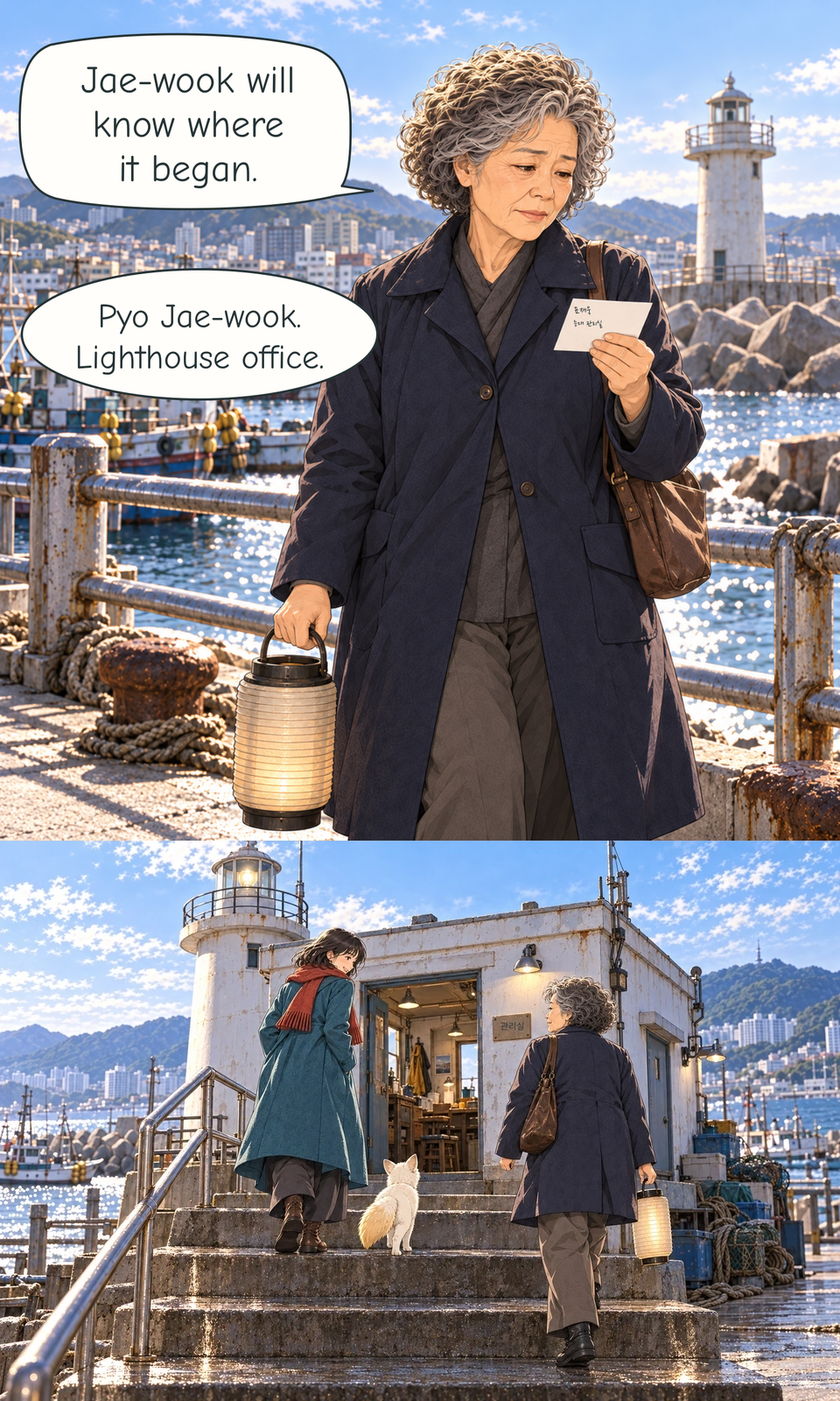At the harbour, Go consults a Korean handwritten direction card. A tailless English reading bubble identifies Pyo Jae-wook and the Lighthouse office. Her existing spoken dialogue remains visible above it.