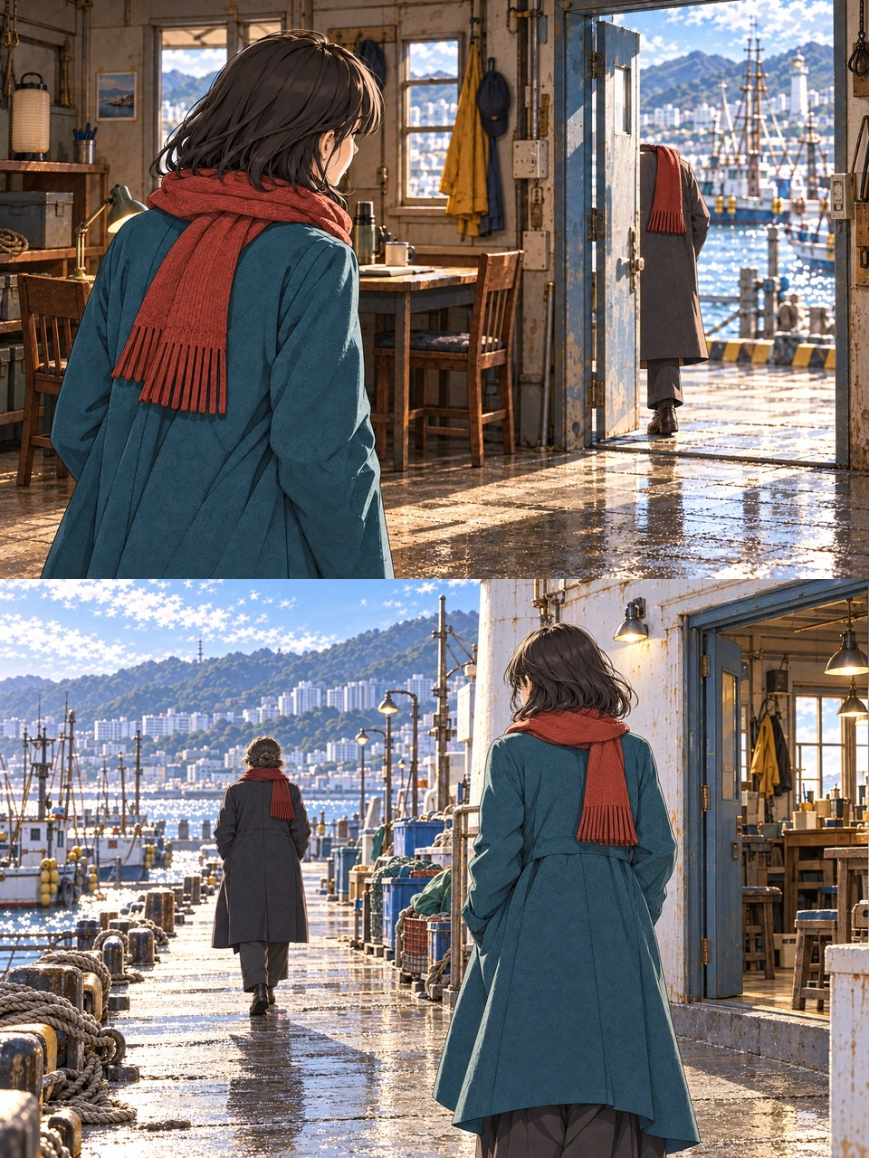 Haneul turns towards a side exit. Beyond the door, only a departing woman's grey coat, red scarf and a dark shoe are visible. The door hides her head and face. Silent panel. From the lighthouse threshold, Haneul watches the unidentified woman walk away along the quay. The woman remains entirely back to the viewer in her grey coat and red scarf. Silent panel.