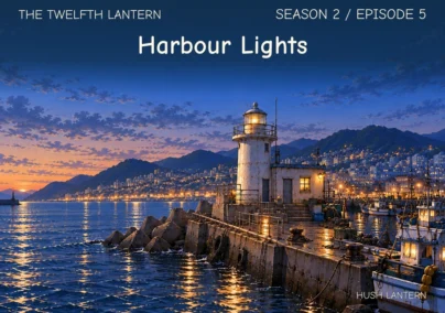 The Twelfth Lantern, Season 2 Episode 5: Harbour Lights. A white harbour lighthouse shines above moored fishing boats and amber reflections at dusk.