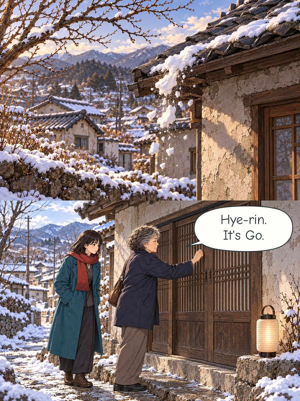 Snow slips from the tiled roof beneath bare branches, breaking into falling pieces without its expected soft sound. Physical movement continues. Silent panel. Go knocks once on Hye-rin's closed wooden sliding door. Haneul waits a step behind. Go has set the travelling lantern upright on the dry stone ledge to the right of the doorway before raising her hand.