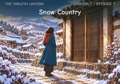 The Twelfth Lantern, Season 2 Episode 7: Snow Country. Haneul stands beside a closed timber door in a snowy mountain village, with a small lidded cup on the ledge.