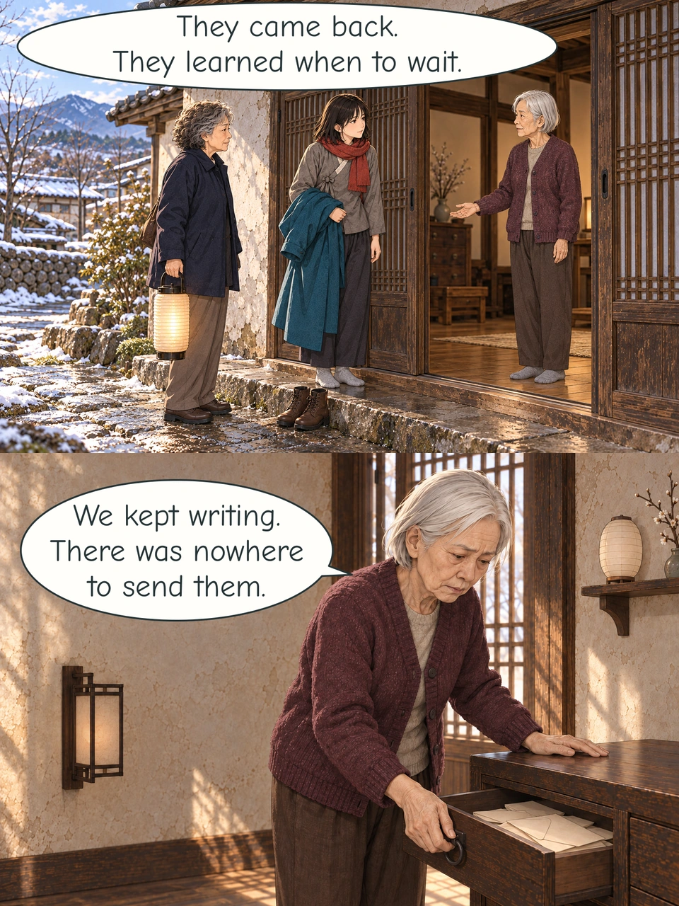 At Hye-rin's open doorway, Haneul has removed her boots and holds her teal coat over one arm. She stands in grey socks at the dry raised threshold. Go waits outside with her travelling lantern and bag. Hye-rin welcomes them with an open hand; old snow lies beside the lane. Inside her home, Hye-rin opens a shallow wooden drawer containing old envelopes. A rectangular lantern glows dimly on a separate wall bracket to the left. A smaller cream oval lantern remains unlit on the shelf to the right.