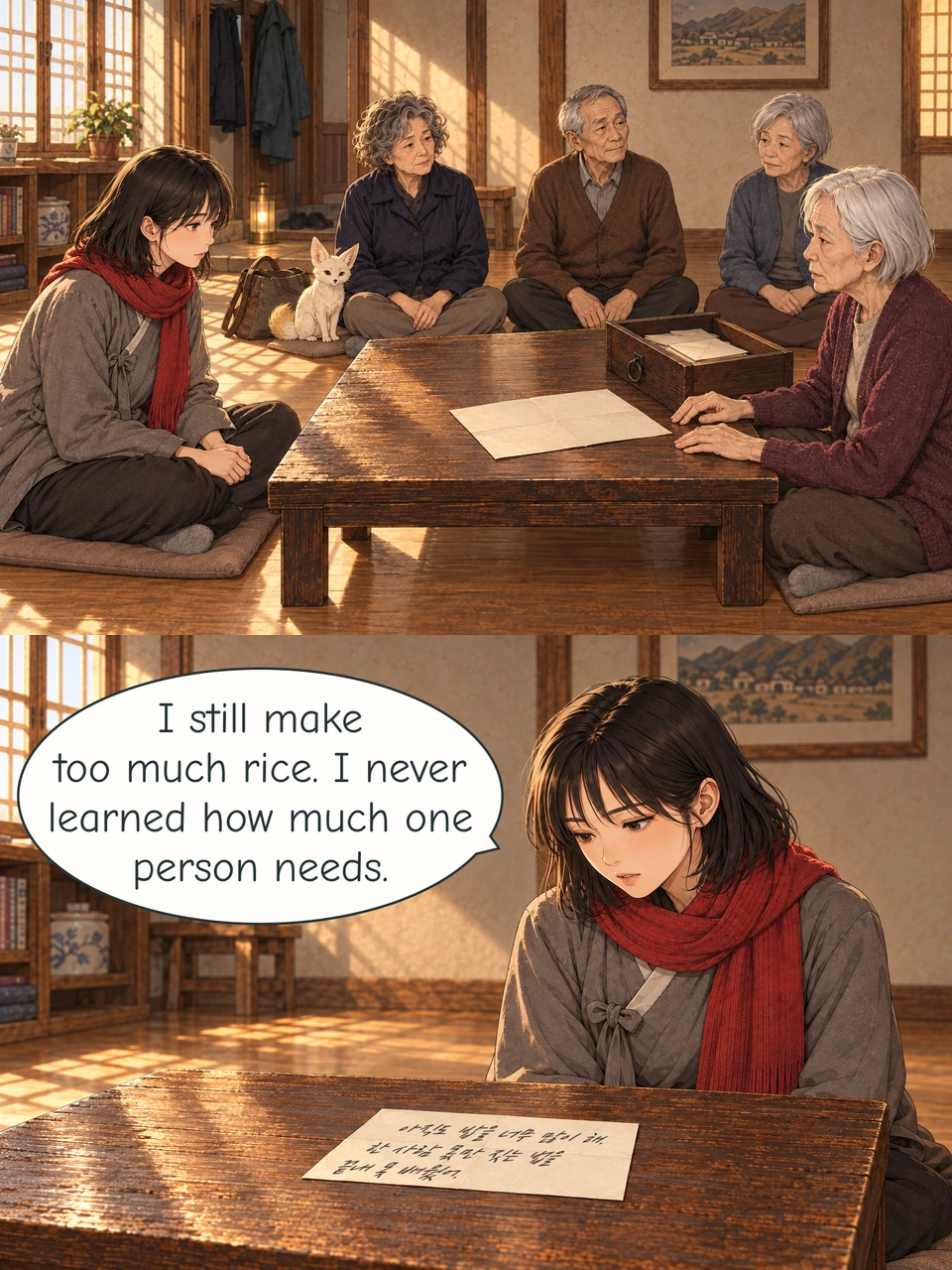 Later, five people sit at low tables in the village community room: Haneul and Hye-rin face each other, with Go, Park Yeong-su and his partner nearby. Bit sits beside Go. Hye-rin's drawer of closed envelopes rests on the table. The travelling lantern stands near the entrance, where coats and outdoor shoes have been left. Haneul reads Hye-rin's chosen letter aloud. Its handwritten Korean is visible on a cream sheet of ordinary letter size resting on the wooden table; Haneul's face and mouth remain visible above it.