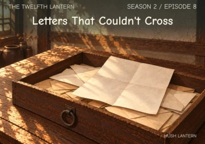 The Twelfth Lantern, Season 2 Episode 8: Letters That Couldn't Cross. A shallow wooden drawer on a table holds cream envelopes and one unfolded letter with its blank reverse visible.