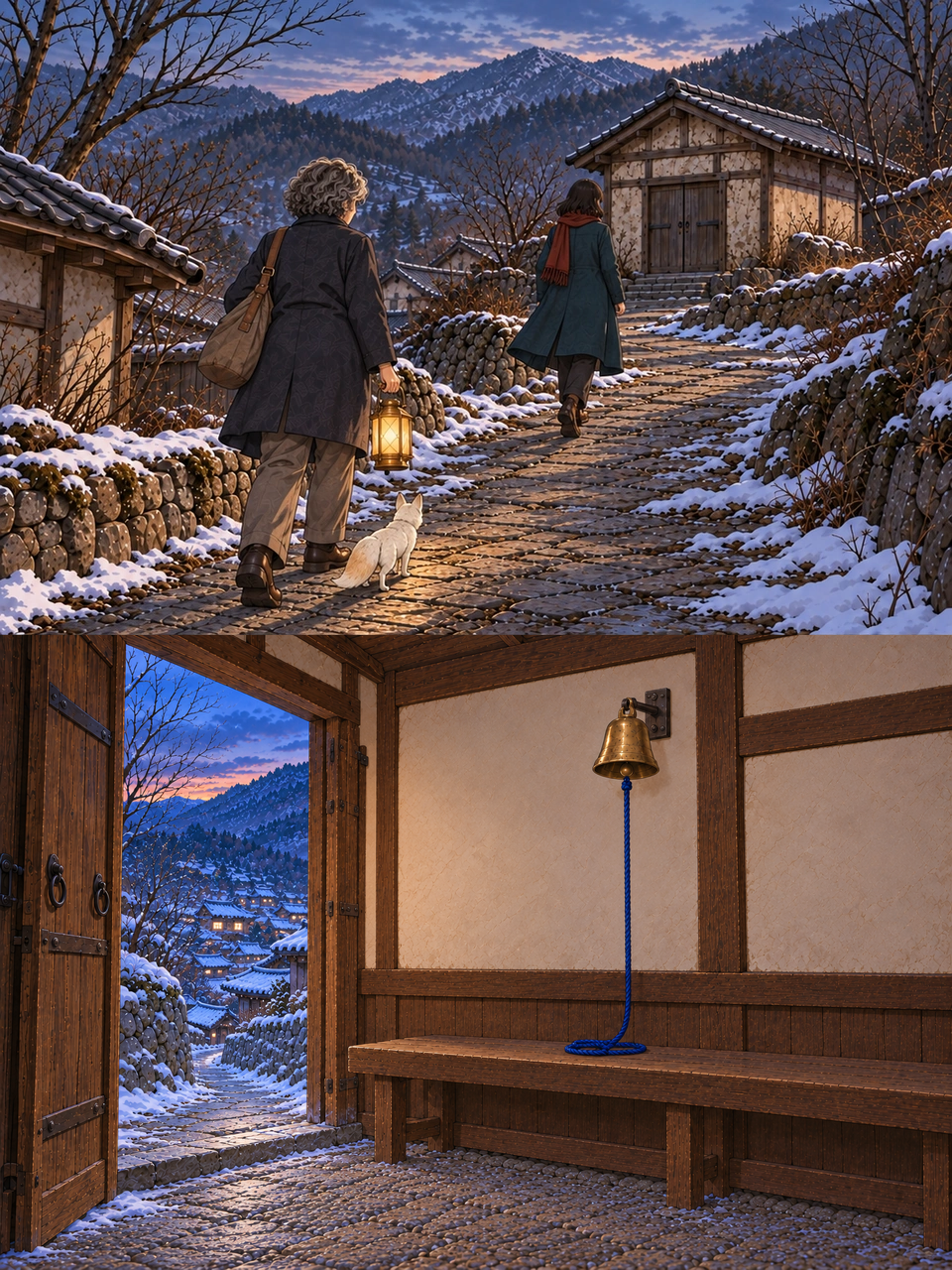 Haneul walks ahead up a snowy village lane towards a small storehouse. Go follows with a brass lantern in her right hand and a brown bag on her left shoulder. Tiny Bit walks at Go's feet. An open wooden doorway looks downhill over snowy village roofs. An intact brass Bell hangs from its crown loop on one wall bracket above a wooden bench. Its blue cord rests in a loose coil on the bench.