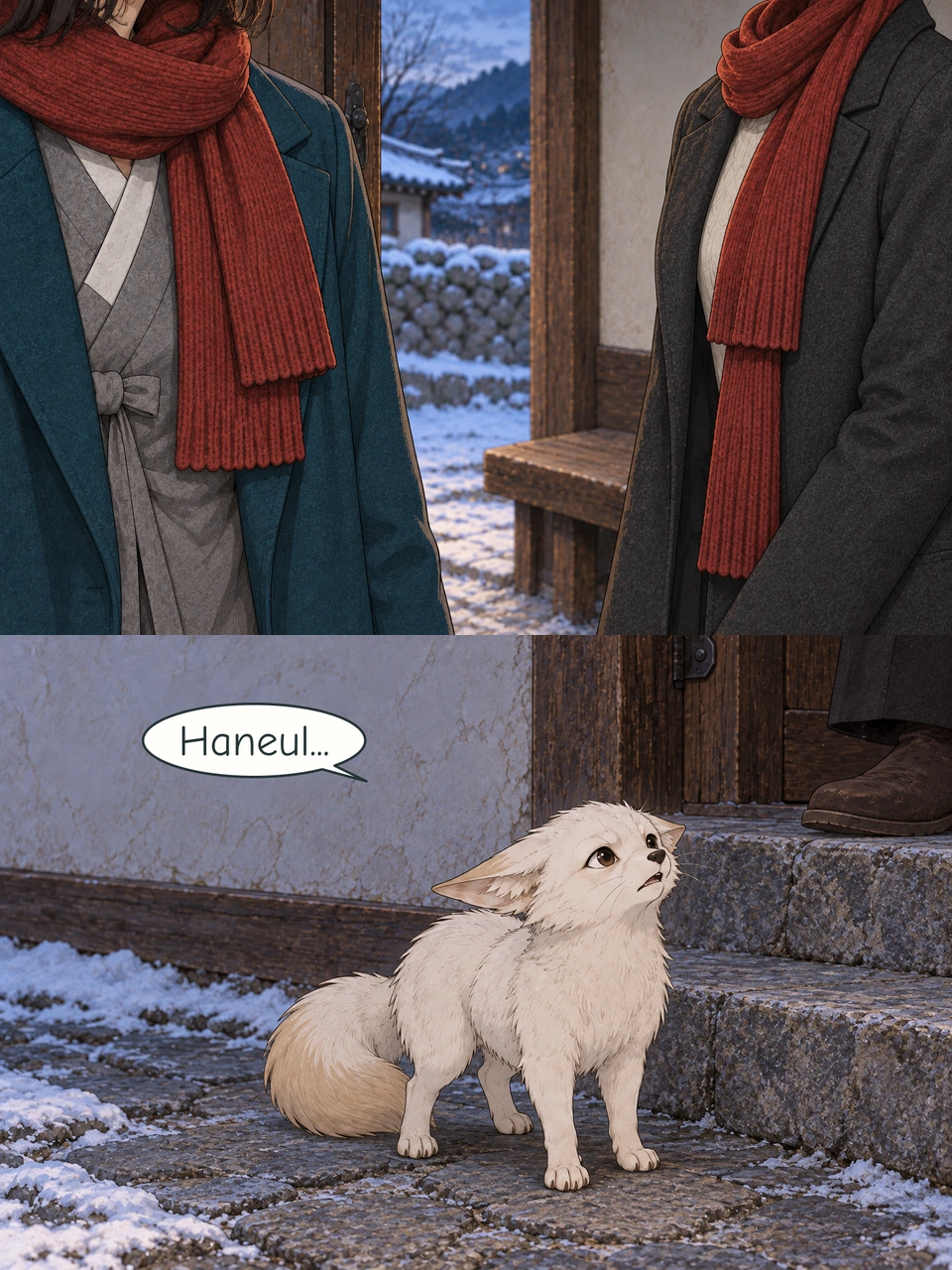 Close view of two matching red ribbed scarves: one over Haneul's open teal coat and grey wrap jacket, the other beside a charcoal coat. The second person's face is outside the frame. Bit stops below the stone porch step, ears lowered and mouth slightly open, with four paws on the ground and one pale-gold-tipped tail. A brown boot is visible above.