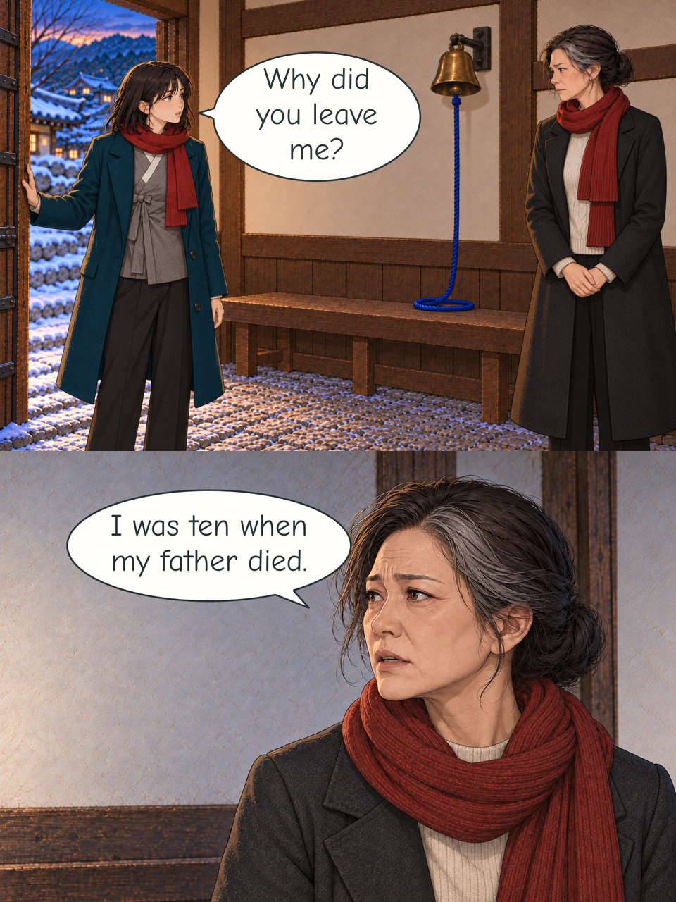 Haneul stands at the open doorway on the left, one hand on the jamb. Mi-rae faces her on the right with her hands clasped. Their red scarves match. An intact brass Bell hangs from a wall bracket above the wooden bench, its blue cord looped on the seat. Close view of Mi-rae looking left with her lips parted. Silver strands run through her dark hair, tied in a low bun. Her red scarf lies over a charcoal coat and cream knit.
