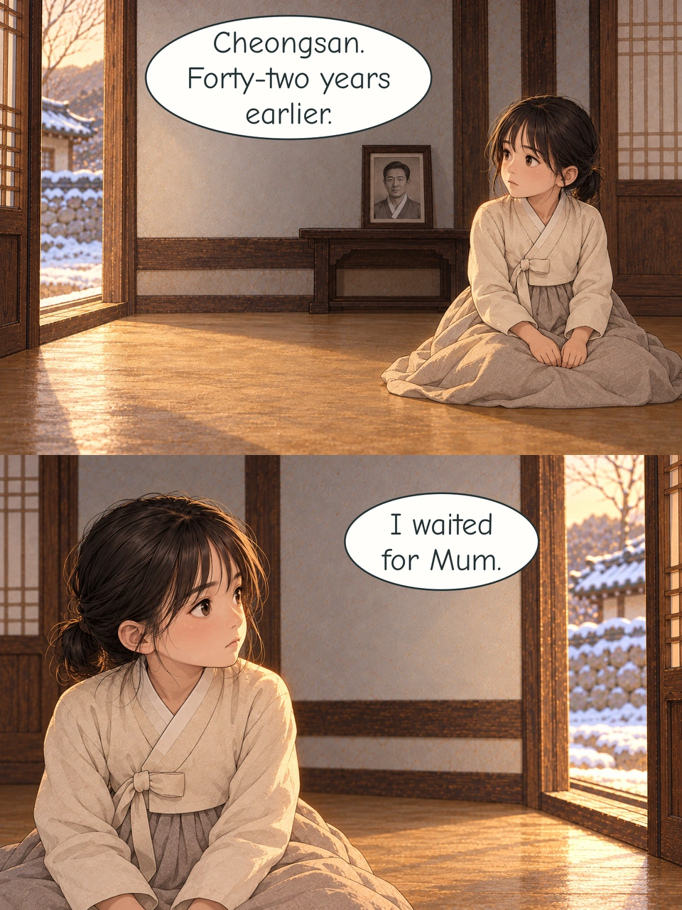 In a warm-toned room, young Mi-rae sits on the floor in an ivory top and grey skirt, looking towards the open doorway. A framed monochrome portrait of a man stands on a low wooden table behind her. The floor beside her is empty, and snow is visible outside. Young Mi-rae looks towards the open doorway across the empty room. Her dark hair is tied low, and she wears the same ivory top and grey skirt. Warm light falls across the floor; snow lies outside.