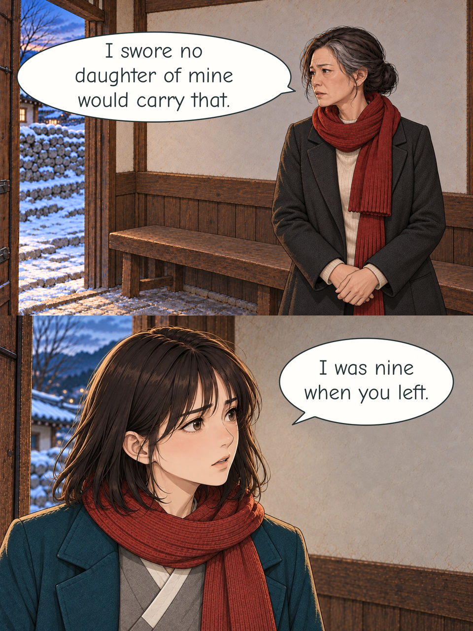 Back at the storehouse, adult Mi-rae stands beside the wooden bench with her hands clasped. She looks left towards the doorway. Snowy village roofs are visible outside; she wears her charcoal coat, cream knit and red scarf. Close view of Haneul looking right with raised brows and her mouth slightly open. Her red scarf lies over the open teal coat and grey crossover jacket. The wooden doorway and snowy village remain behind her.
