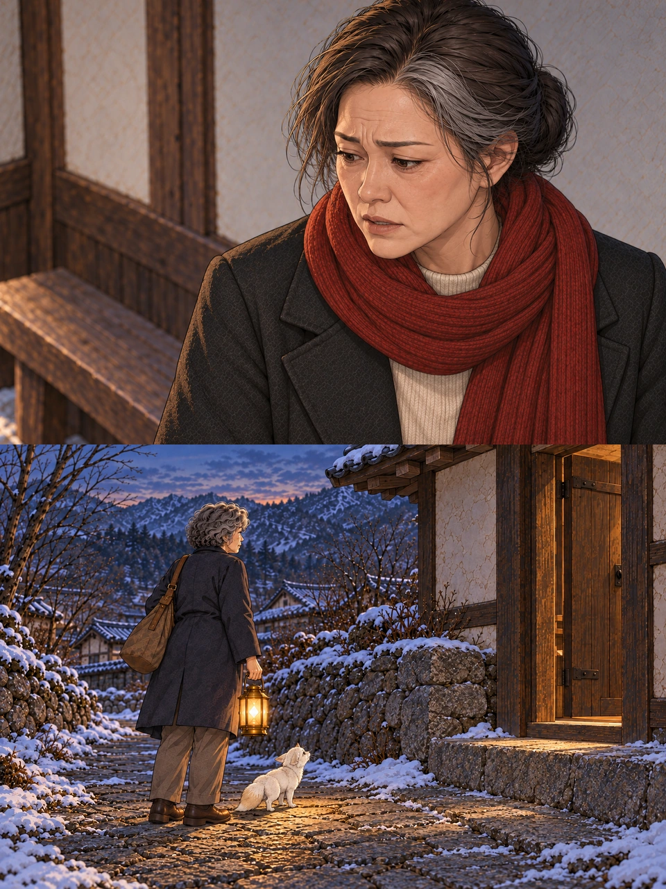 Mi-rae lowers her gaze, brows drawn together and lips parted. Her silver-streaked bun, red scarf, charcoal coat and cream knit remain visible against the timber wall and bench. Outside the storehouse, Go stands below the step and looks towards the open doorway. A brown bag hangs from her left shoulder, and she holds a glowing brass lantern in her right hand. Small cream-white Bit sits beside her, also facing the doorway. Snow covers the surrounding walls and roofs.