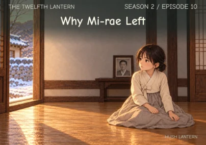 The Twelfth Lantern, Season 2 Episode 10: Why Mi-rae Left. Young Mi-rae sits alone on a timber floor beside an open doorway, with a framed family photograph behind her.