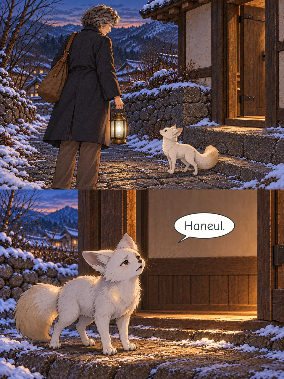 Outside the storehouse, Go looks down with the pale travelling lantern in her right hand and the brown bag on her left shoulder. Bit stands near the stone step. Bit stands on four paws at the sheltered threshold. One ear lowers and his eyes strain as he looks up. Weak patches of gold light break around his solid cream-white body and single tail.