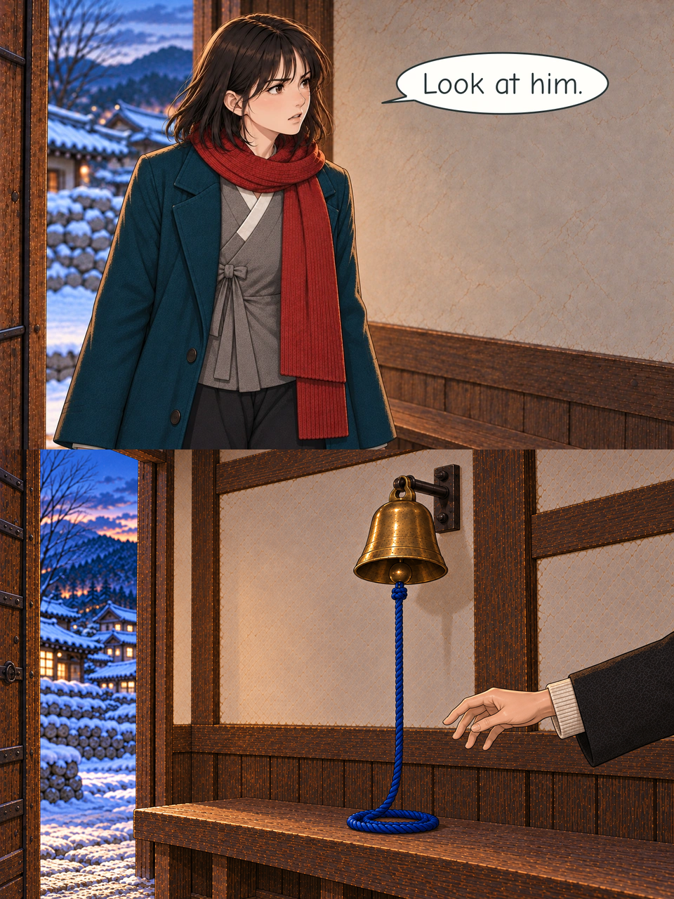 Haneul looks from the doorway towards her mother, her expression tense and alarmed. Her arms remain lowered beside her teal coat. Mi-rae opens her charcoal-sleeved hand above the bench. The released blue cord lies in a loose coil beneath the intact, bracket-supported Bell.