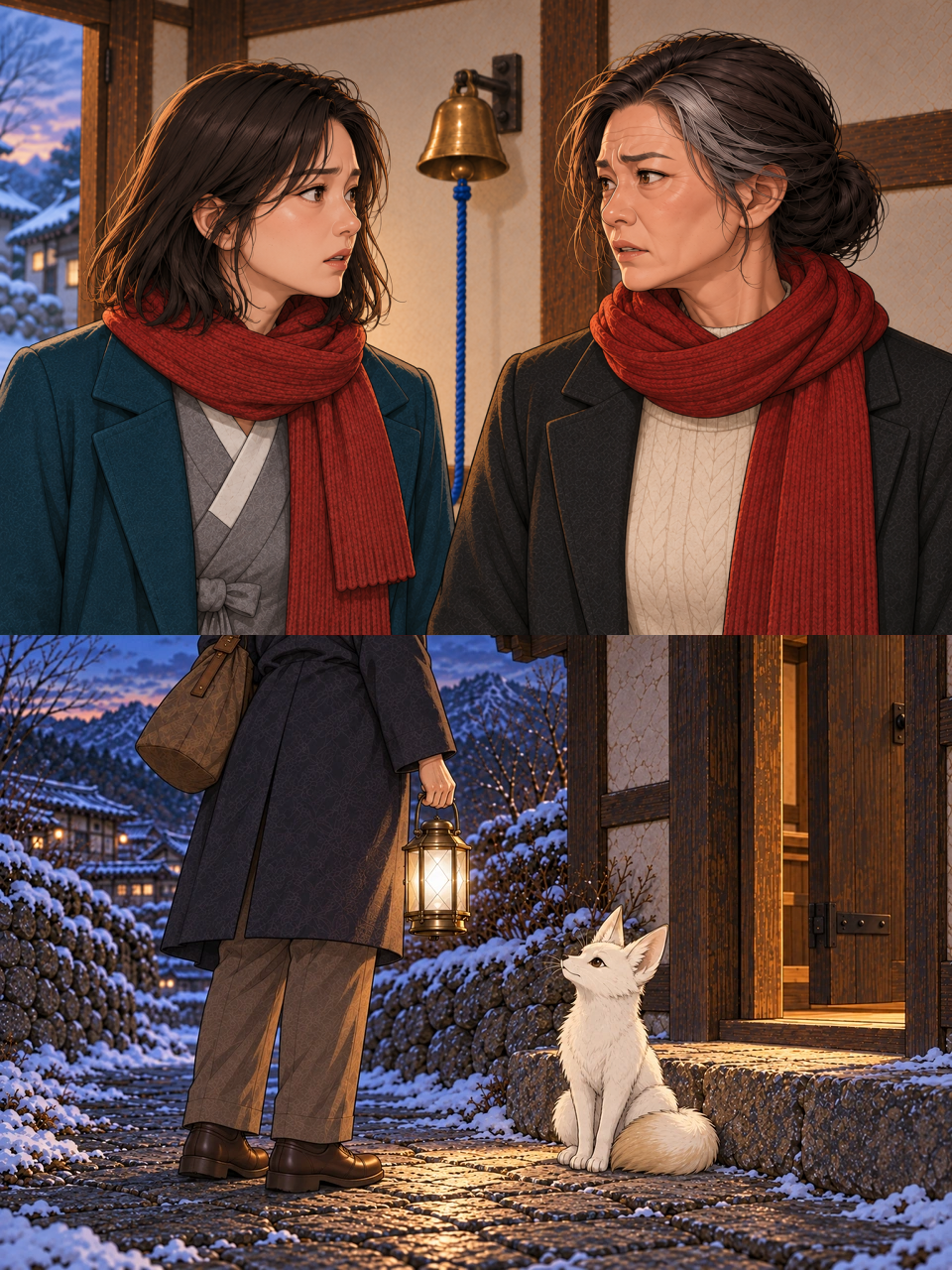 In a close view, Haneul looks at Mi-rae and pauses. Her mother's shoulders draw inward and her face shows guarded fear. The intact Bell remains still between them; its blue cord disappears behind Haneul's shoulder. Bit sits upright beside the low step with his eyes open and one tail curled at his side. Go stands close by, still holding the lantern and leaving the doorway clear.