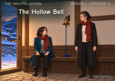 The Twelfth Lantern, Season 2 Episode 11: The Hollow Bell. Haneul sits with open palms on her knees while Mi-rae stands beside the suspended bell and slack blue cord in the storehouse.
