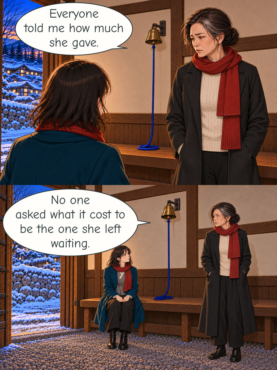 Mi-rae faces seated Haneul in the storehouse, with the intact bell behind her. Mi-rae speaks with both hands in her coat pockets. Seated Haneul listens at the left of the scene.