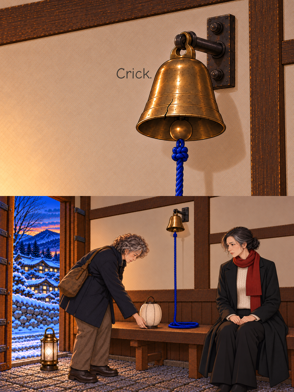 A fine crack runs up from the brass bell rim. The whole bell stays on its fixed support; its clapper and loose blue cord remain still. Go places an unlit small cream oval lantern on the bench beside seated Mi-rae. The pale brass cage lantern rests safely on the floor.