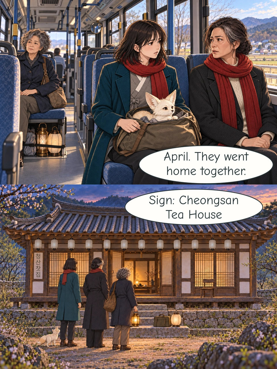 In April daylight, Haneul and Mi-rae ride a bus home together. Awake Bit rests in Haneul's open bag. Go sits across the aisle; two lanterns and the wrapped bell are secured near her feet. At dusk in April, Haneul, Mi-rae, Go and awake Bit arrive at the teahouse. Twelve pale lanterns hang along the eaves. Go holds her brass cage lantern; the small cream lantern and a closed travel case rest on a stone step. The printed plaque reads 청산찻집, Cheongsan Tea House.