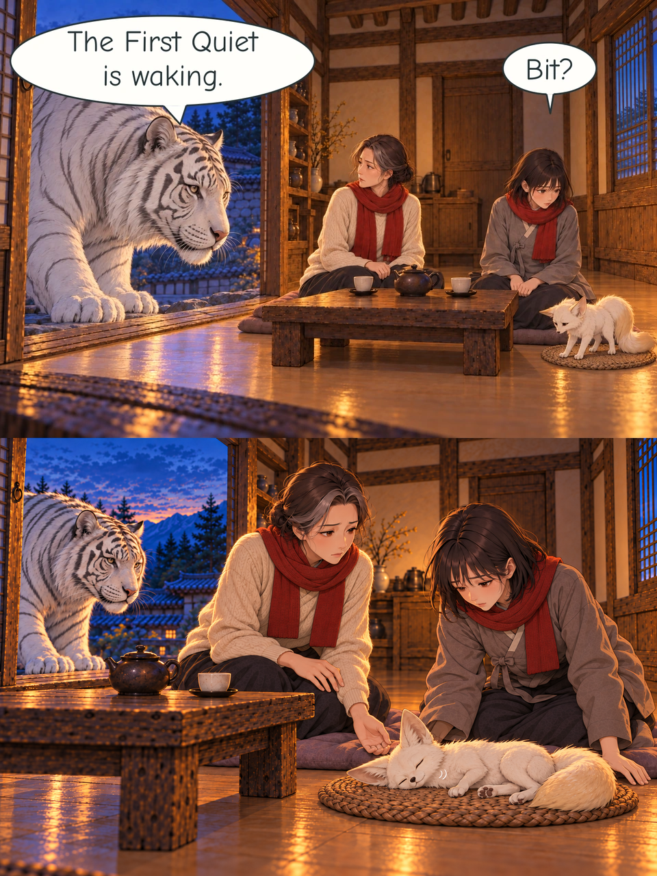 The great White Tiger stands calmly at the left threshold and delivers a warning. Mi-rae looks towards the Tiger. Haneul looks down at Bit, who is still standing with his eyes open but weakening. Bit has collapsed on the round mat, his eyes closed. His body remains solid, with a faint glow and small breathing marks. Haneul bends beside him with an empty hand supported on the floor. Mi-rae leans close, and the White Tiger watches from the threshold.